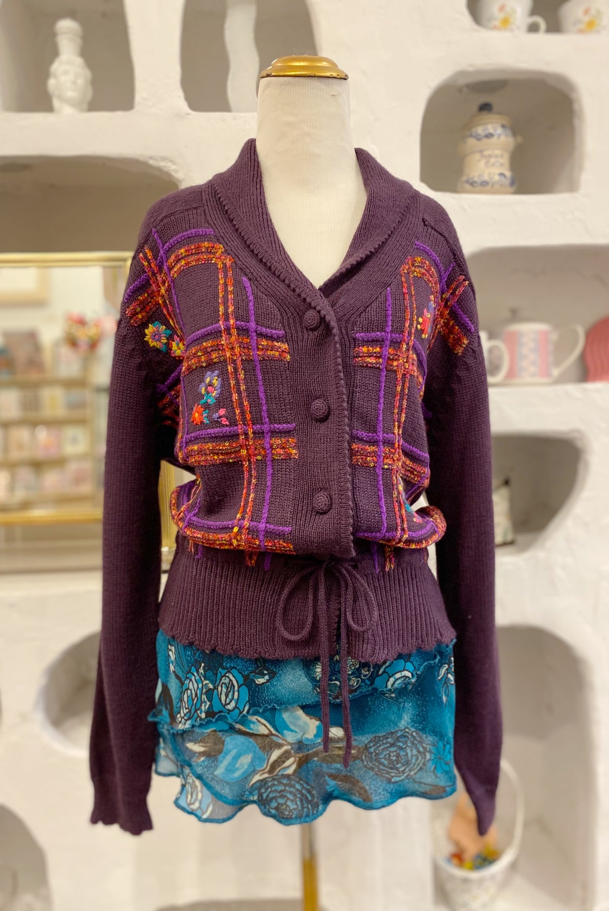 Floral Embroidered Grid Cardigan