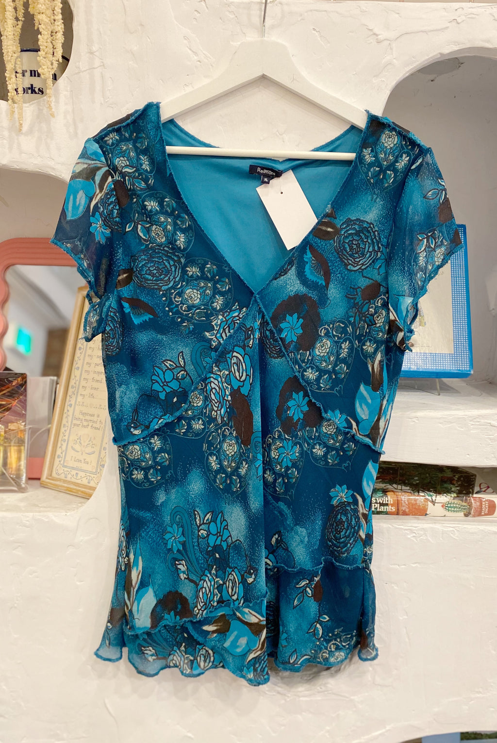 Blue Floral Mesh Y2K Short Sleeve