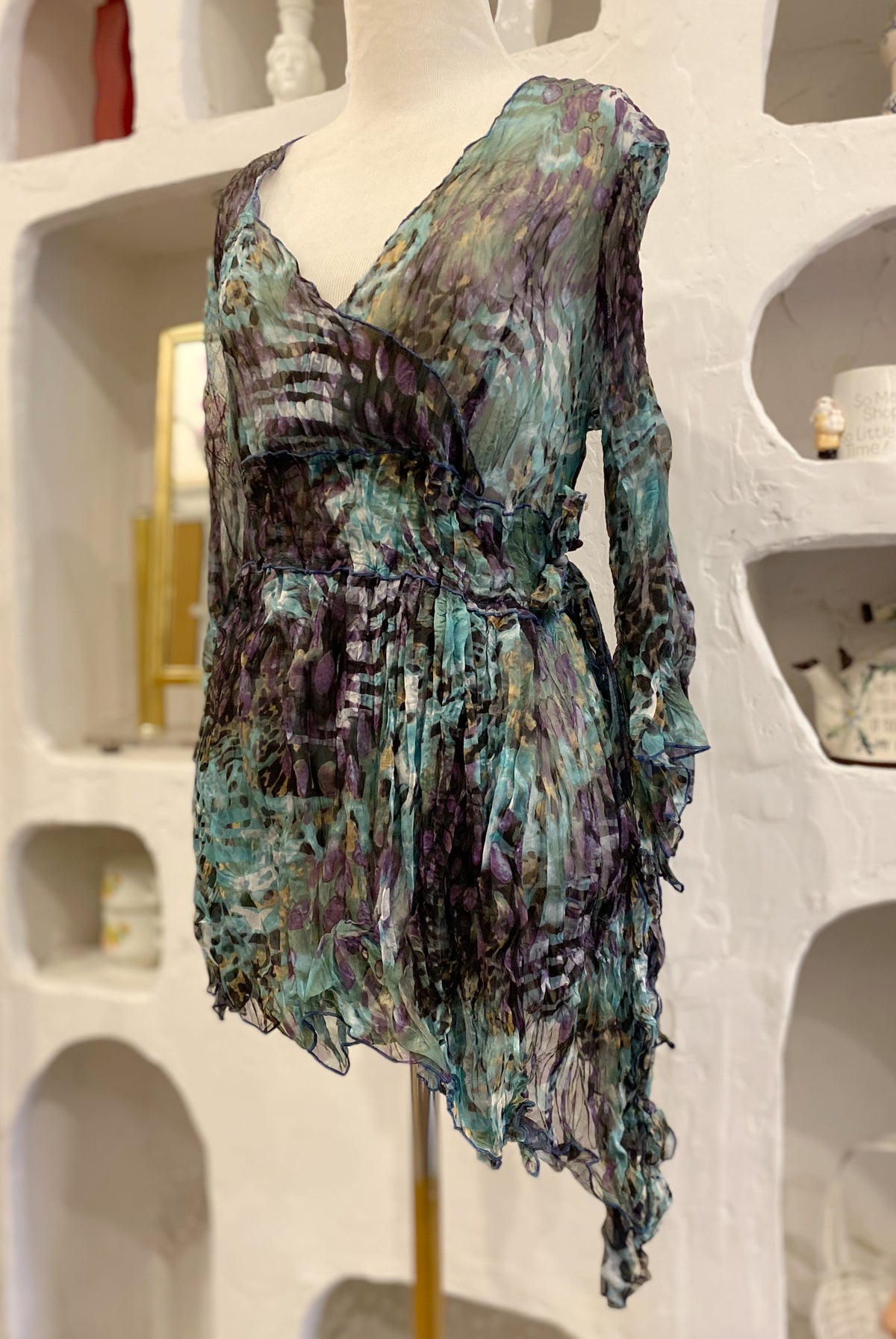 Asymmetrical Mesh Blouse with Ties