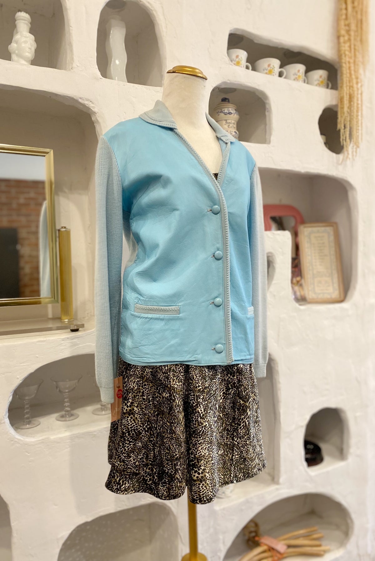 Blue Faux Leather & Knit Cardigan