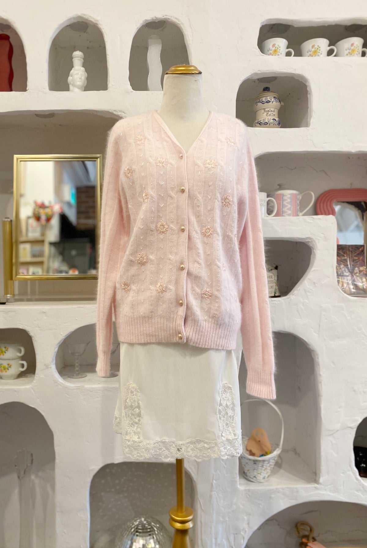 Light Pink Beaded Angora Cardigan