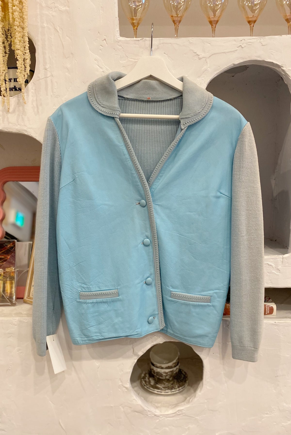 Blue Faux Leather & Knit Cardigan