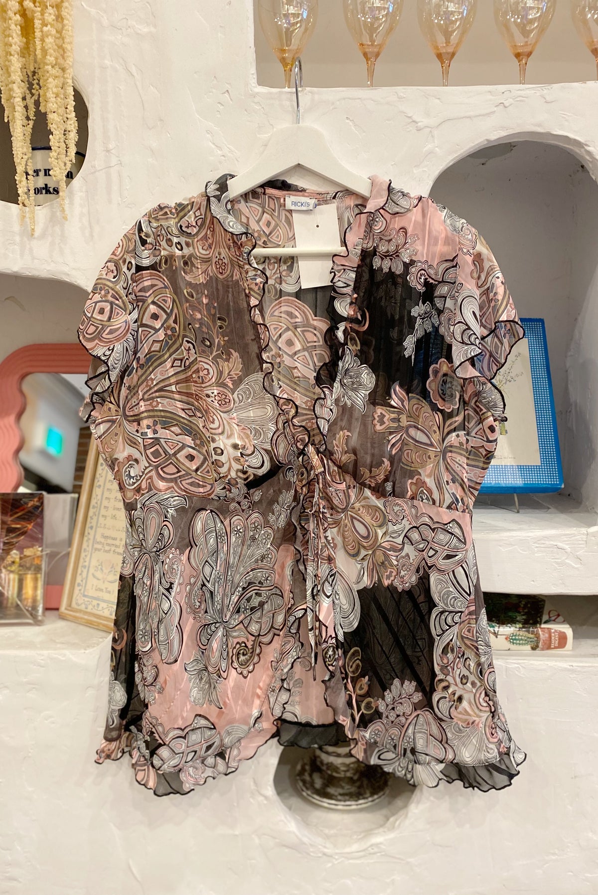 Floral Mesh Front Tie Blouse