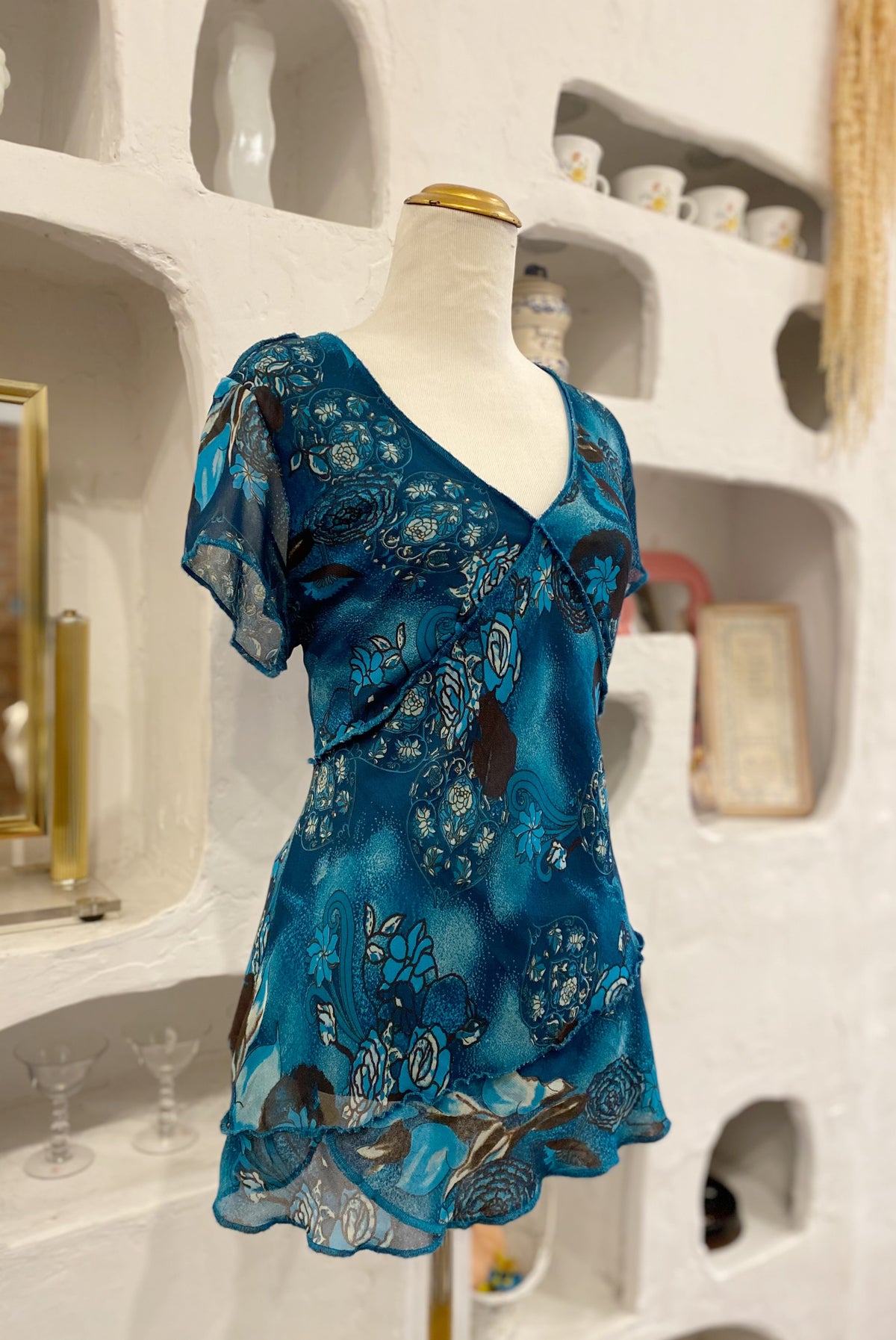 Blue Floral Mesh Y2K Short Sleeve