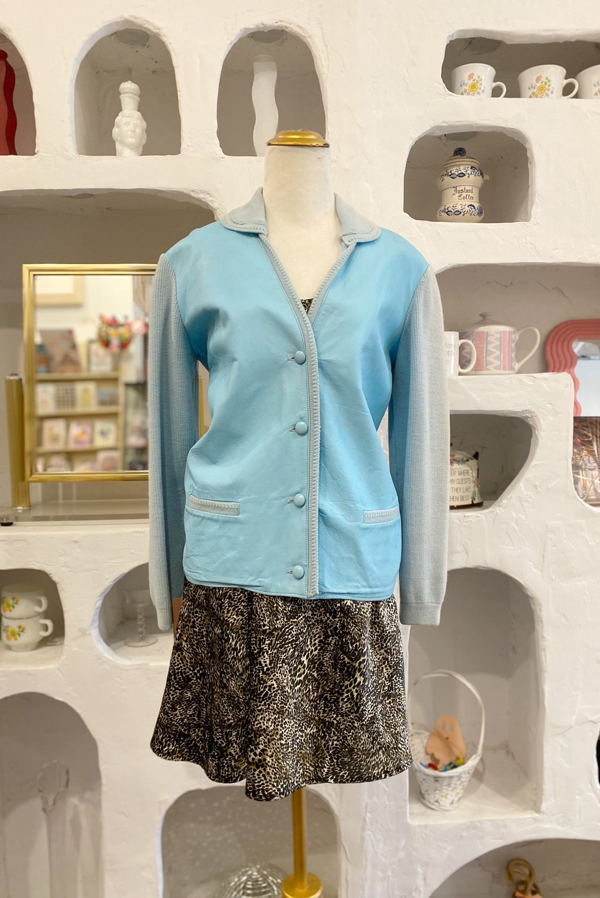 Blue Faux Leather & Knit Cardigan