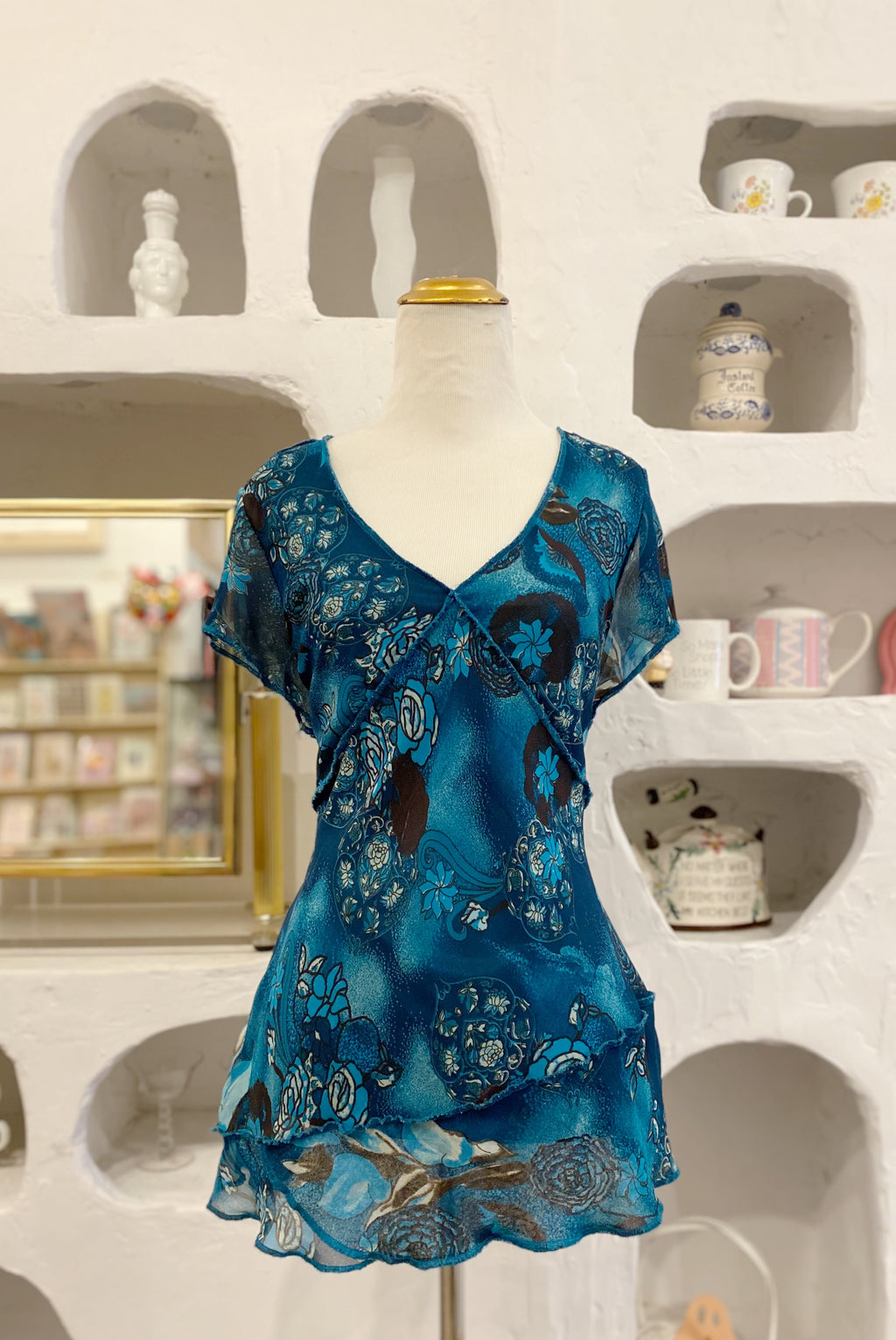 Blue Floral Mesh Y2K Short Sleeve