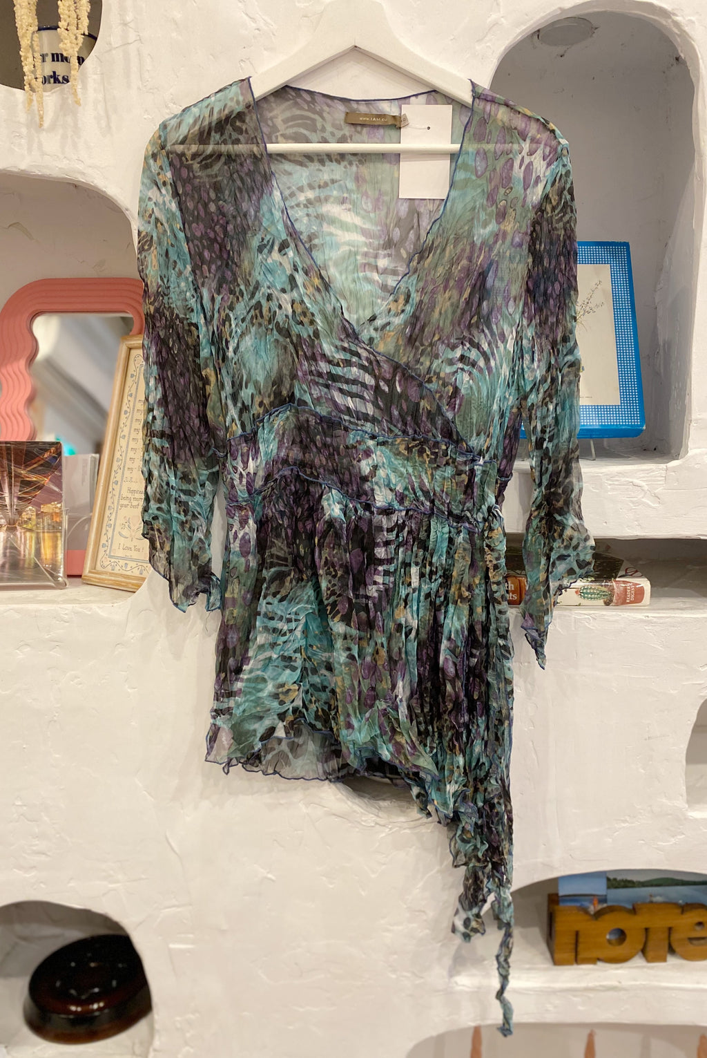 Asymmetrical Mesh Blouse with Ties