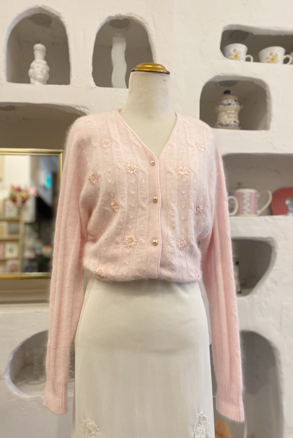 Light Pink Beaded Angora Cardigan