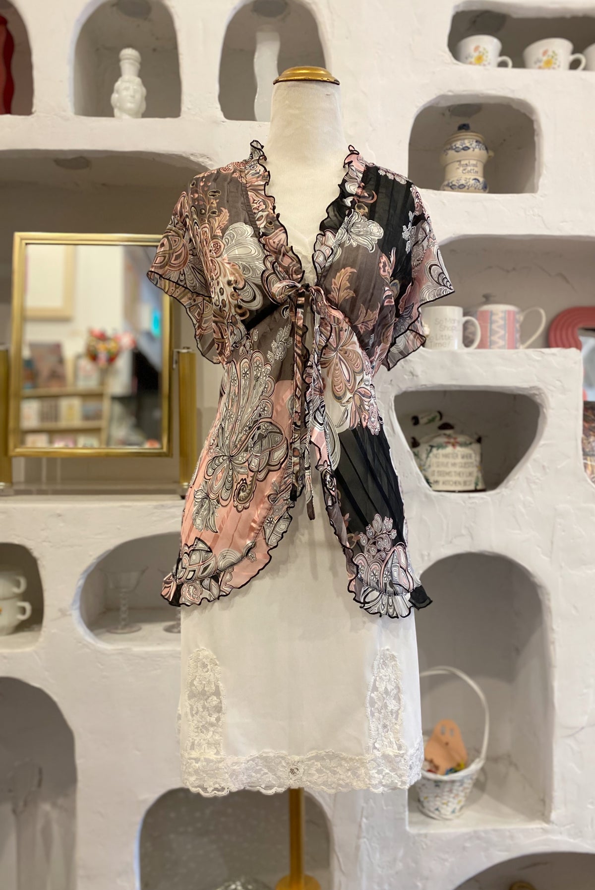 Floral Mesh Front Tie Blouse