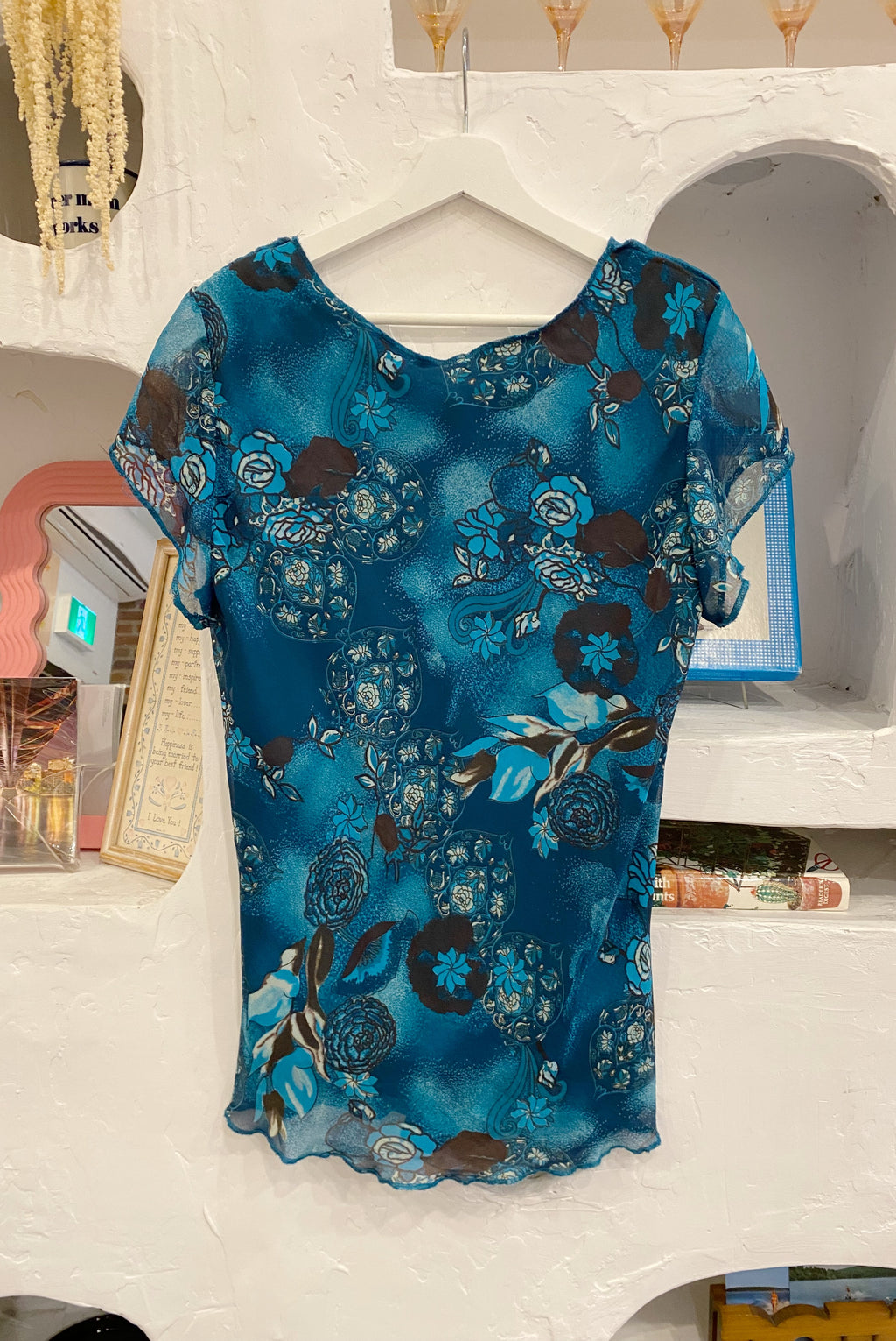 Blue Floral Mesh Y2K Short Sleeve