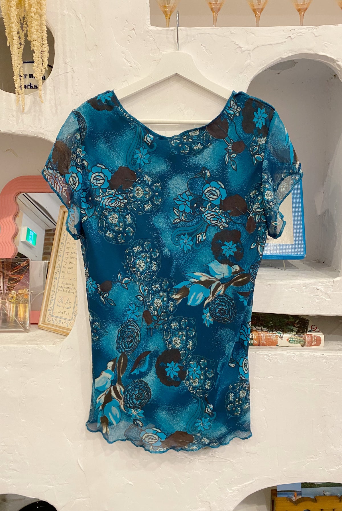Blue Floral Mesh Y2K Short Sleeve