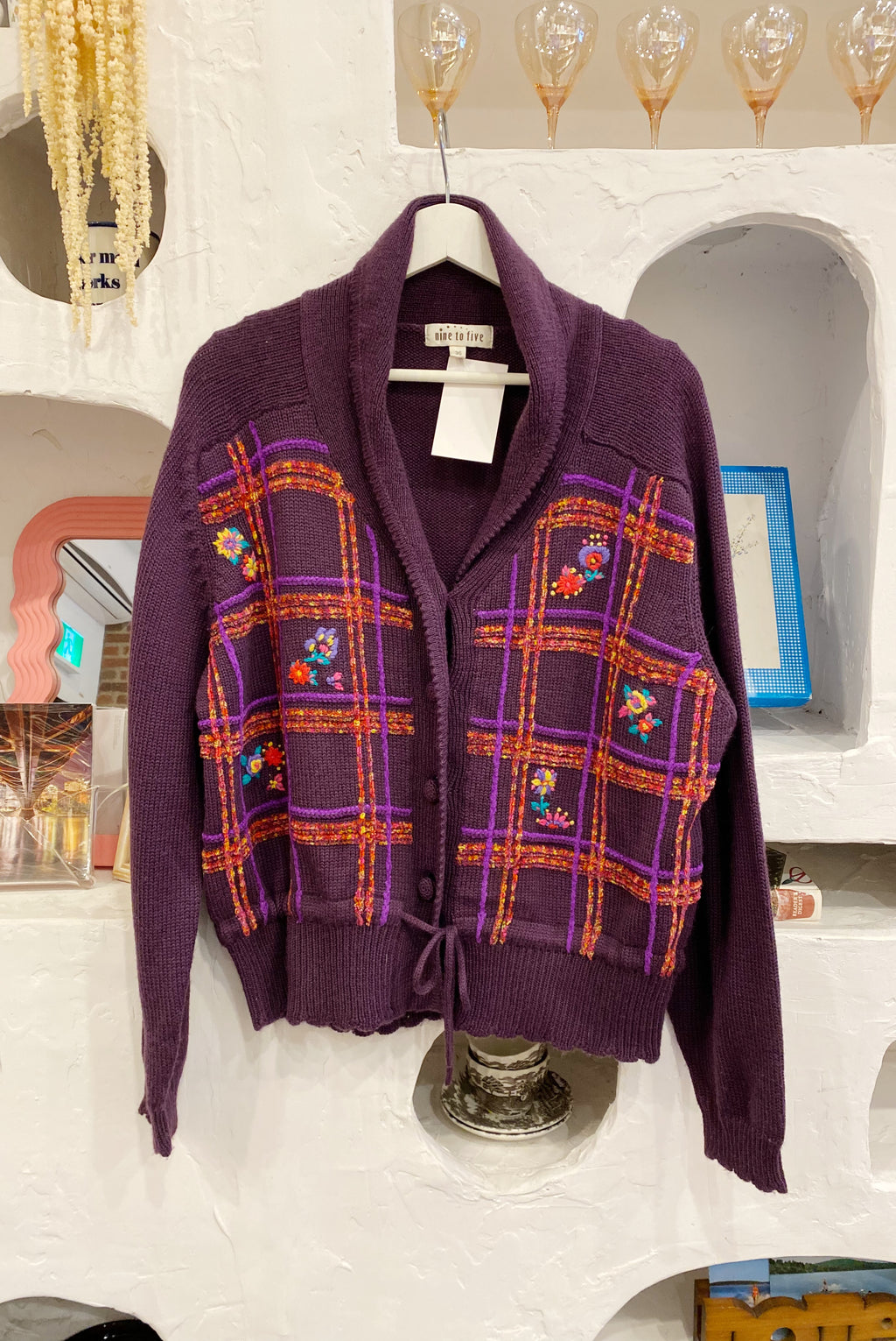 Floral Embroidered Grid Cardigan