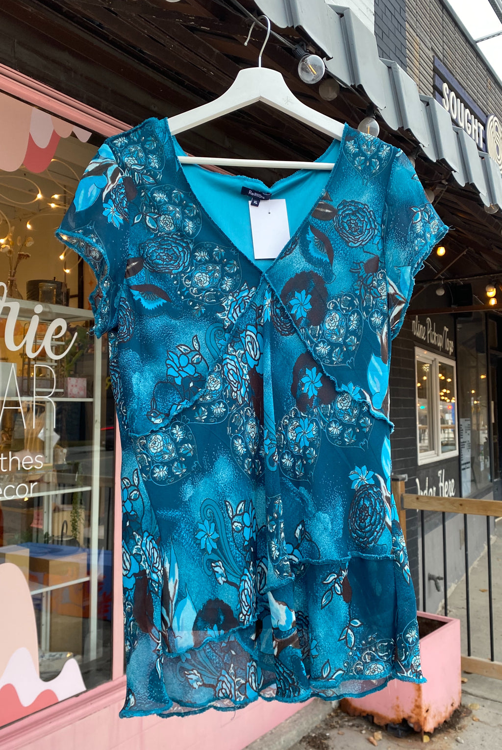 Blue Floral Mesh Y2K Short Sleeve